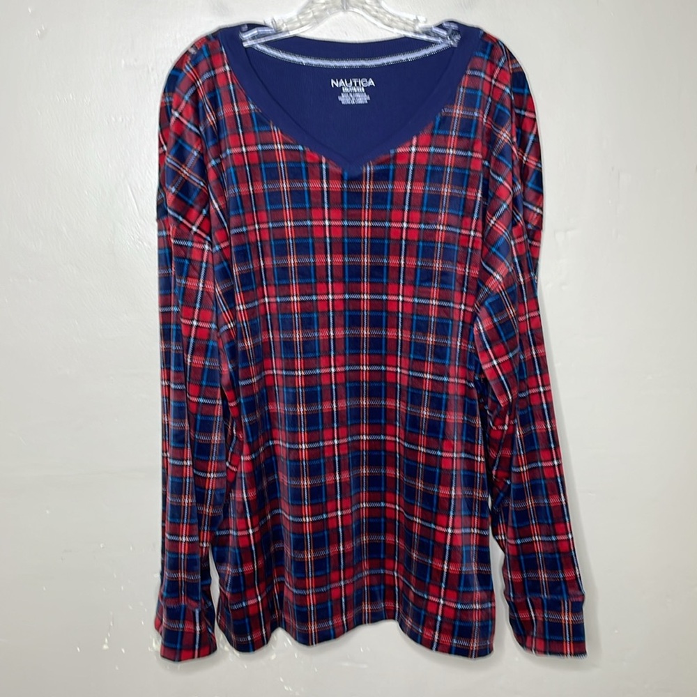 NAUTICAL Fleece Pajama Top Plaid Red & Blue Cozy Comfy V Neck Popover NWT XXL